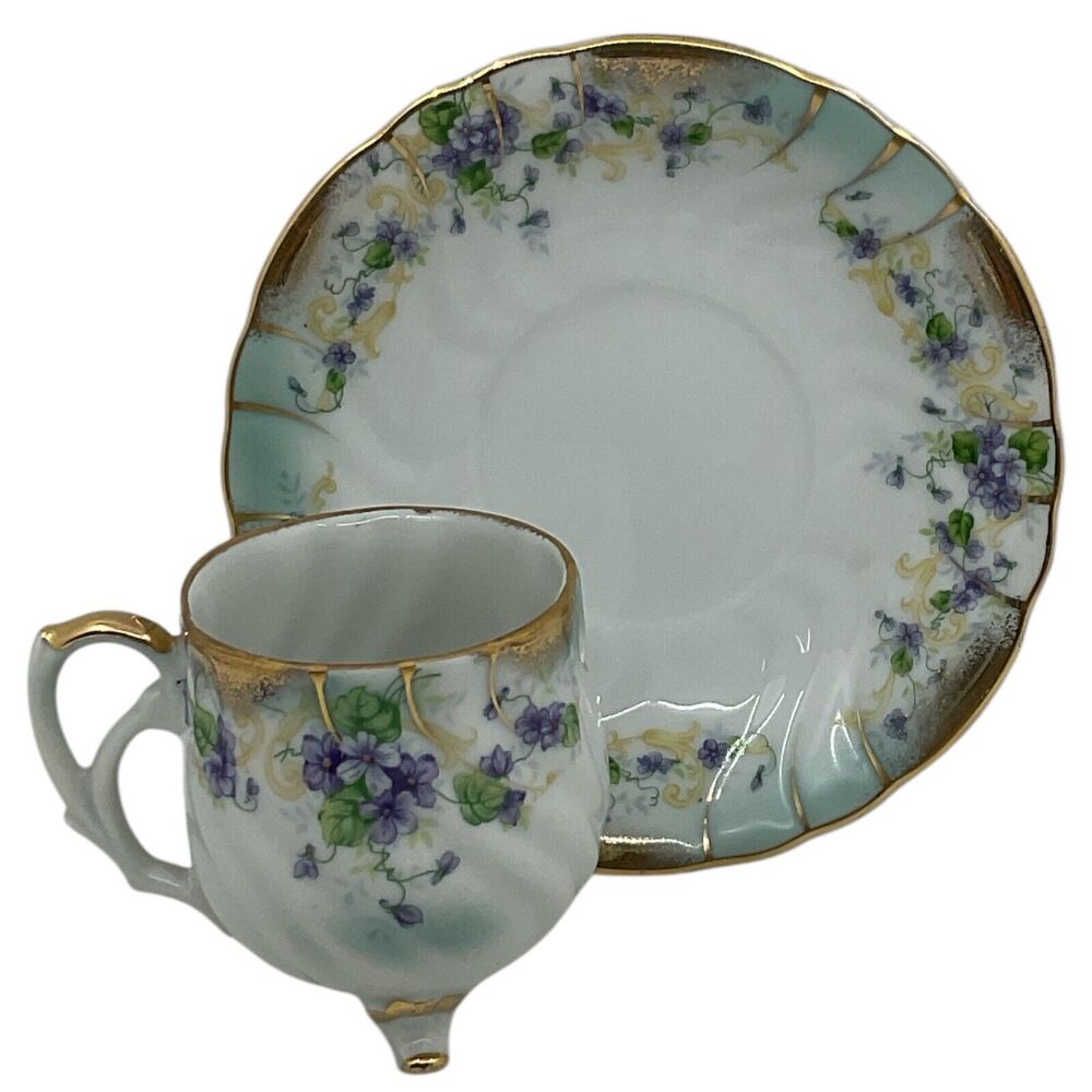 Hand Painted‎ Lefton Teacup with Saucer China 3 Footed Demitasse Violets Vintage